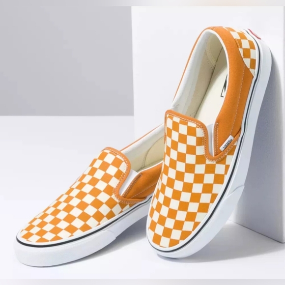 Vans Orange and White Checkered Slip-On Shoes - Picture 1 of 7